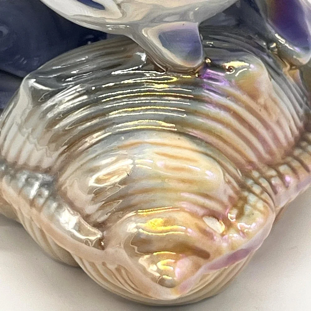 Vintage Lusterware Iridescent Porcelain Dolphins On Seashell Mirtex Trading
